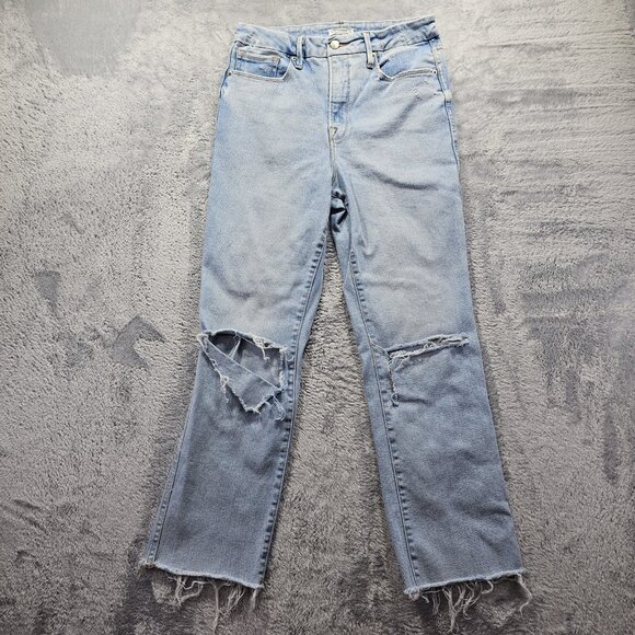 Good American Jeans Womens 8/29 Blue Curve Straight Stretch High Rise Destroyed - Picture 1 of 11
